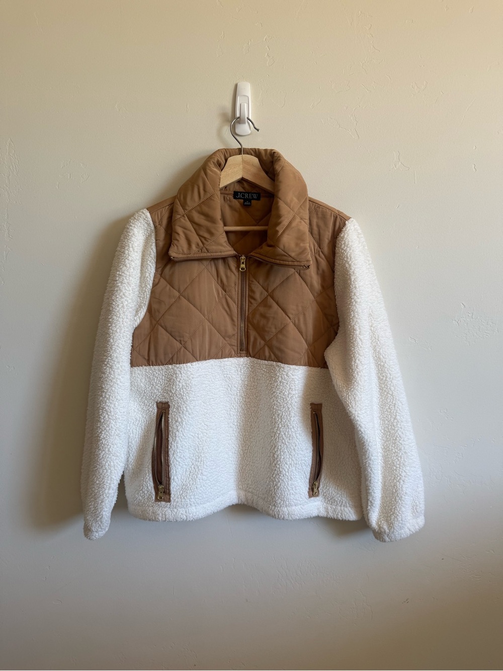 J.Crew Sherpa Fleece Quarter Zip Pullover Jacket Ivory Tan Size Medium - Picture 2 of 8